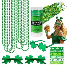 19피스 성 패트릭의 날 액세서리 파티 선물 세트 | 토끼풀 그린 페이스 & 바디 글리터 메이크업 안경 목걸이 및 팔찌 아일랜드 스로우 메이크업 드레스 업 코스튬 장식