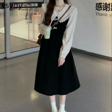vsyoy 모유 수유 의상 뜨거운 엄마 새로운 인형 칼라 레이스 바느질 가짜 투피스 높은 허리 슬리밍 가을 드레스