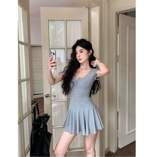 투니스 여성 단색 슬림 웨이스트 미니 반소매 원피스