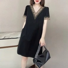 大尺碼V領寬鬆短袖連衣裙 夏季女裝中長款小黑裙, 黑色,M 建議60公斤內