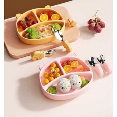 아기 유아식 이유식 실리콘 식판 세트 흡착 고양이, 1개, 하늘색 + 빨대 + 젓가락