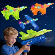 CRILARY 아동용 3팩 비행기 발사기 장난감 33.2cm(13.2인치) LED 폼 F-15 파이터 제트 및 글라이더 2가지 비행 모드 투석기 야외 만 4-12세 남아 여