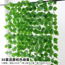 優選樂購 仿真藤條 綠蘿葉裝飾 綠藤藤蔓 假樹葉 塑膠花藤 水管道遮擋 空調遮擋 仿真綠葉花, 36葉過膠純色綠蘿12條, 1個