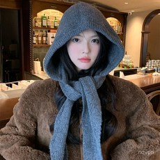 韓係高級灰色頭戴帽女秋冬季新款連帽子圍巾一體保暖護耳針織圍脖, 紅色,成人款均碼（帽圍56-58cm）, 1個