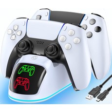 PS5용 컨트롤러 충전기 플레이스테이션 5 듀얼센스 및 엣지용 듀얼 충전 도크 스테이션RGB 라이트 포함 케이블 고속 PS5 스테이션, White