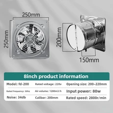 6/7/8 인치 배기 팬 욕실 순수 구리 모터 추출기 환기 주방 화장실 벽 통풍기 인라인 파이프 덕트, 03 AU, 02 8inch