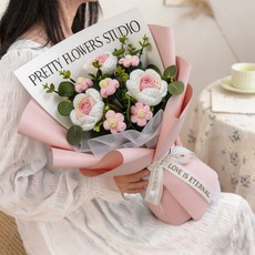뜨개질 장미꽃 3송이 털실 꽃다발 여성 생일 선물, 1개, 분홍색