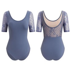 ODASDO 여성용 댄스 레오타드 레이스 꽃무늬 반소매 발레 바디수트 패딩 브라 체조 트레이닝 의상 원피스 더스티 블루