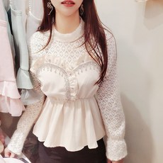 雪莉小姐 蕾絲重工水鑽假兩件式上衣, 杏色
