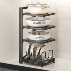 다단식 냄비 후라이팬 정리대 뚜껑 수납 높이조절 평판형 싱크대 하부 정리대, 블랙, 1개, 4단