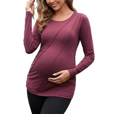 DEBELLY 임산부 긴소매 셔츠 플리츠 크루넥 임산부 상의 여성용 사이드 주름 장식 작업 라운지 다크 그레이. L, 버건디 레드