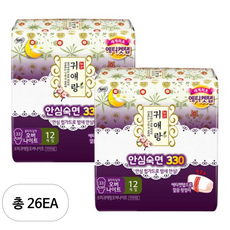 쏘피 귀애랑 안심숙면 330 오버나이트 날개형 생리대, 12개입, 26개