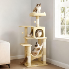 FEANDREA 고양이 튼튼한 다층 캣타워 스크래쳐 탑 라운지 숨숨집 해먹, 1개, 베이지