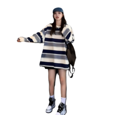 小蘭優購 韓國條紋長袖大學T 美式復古寬鬆女裝上衣