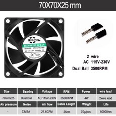 AC 브러시리스 팬 듀얼 볼 베어링 강한 공기 흐름 110V 3500RPM 27.6CFM 70mm 신제품