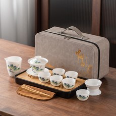 高檔旅行茶具套裝禮盒千里江山功夫家用商務輕奢伴手送禮禮盒蓋碗, 1個, 1L, 透影/旅行套裝10件套-只此青綠:如圖