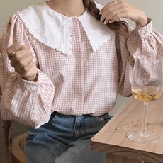 여성 블라우스 여름 레이스 셔츠 펀칭 카라 체크