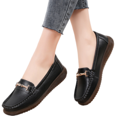 Makone 여성 소가죽 금장 발편한 통굽 로퍼 2.5cm