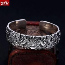 桃園出貨 手工山海經神獸夔牛男士銀手鐲s925純銀開口霸氣複古個性做舊泰銀做舊