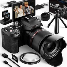 사진 촬영용 NBD 5K & 64MP 디지털 카메라 64GB 카드 장착 16배 광학 줌 180 플립형 3인치 화면 유튜브용 브이로그 WiFi 및 앱 제어 자동 초점 배터리, Black, 1개