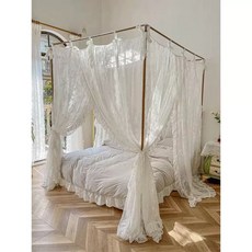 캐노피 침대 프레임 공간 커튼 공주침대 기숙사 럭셔리 장식, 200x220cm 침대, 화이트 레이스 모기장 E