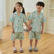 원더풀라이프 국산 순면 공용 아동 주니어 남아 여아 둥이 민트 반팔 상하 잠옷 홈웨어 세트
