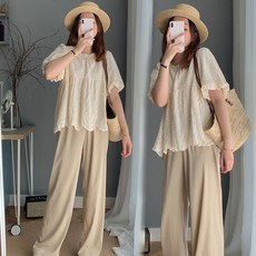 패션 임부복 상하의 세트 봄 여름 임산부 캐주얼 기질 셔츠 상의 + 와이드 바지 트렌드 얇은 투피스 WMY