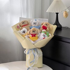 臺灣出貨 玫瑰花 創意兒童節 小狗玩偶花束 成品 送小朋友 閨蜜 畢業 生日禮物 七夕禮物 教師節禮物花束女友情人節x, 1個, 【黃色線條小狗】玩偶花束成品