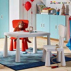 이케아 MAMMUT 사각테이블+등받이의자2개 세트, 테이블색상:화이트/의자색상:화이트