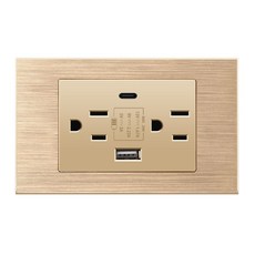 118型 美規六孔 20W USB/Type-C 智慧插座 鋼化玻璃面板, 1個, PC拉絲金色六孔USB A+C 20W