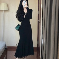투니스 여성 단색 슬림 웨이스트 긴소매 롱 원피스