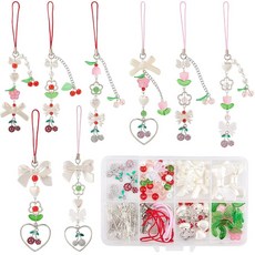 써니 1박스 163개 DIY 6세트 전화 부적 만들기 키트 귀여운 휴대폰 세트 핑크 레드 스프링 랜야드 플라워 딸기 활 유리 구슬 케이스 장식 공예 용품, rry