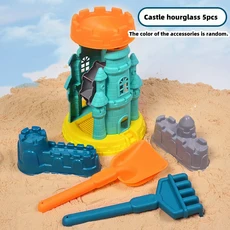 어린이 해변 장난감 세트 ATV 모래 파기 및 물놀이 양동이 모래시계 삽 놀이 도구 (색상 랜덤), Castle 5PCS, 1개
