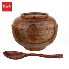 熱銷 復古風手工整木實木木頭套碗 多用碗兒童碗 奶茶碗 泡麪木碗帶蓋 木碗, 整木約直徑16高10釐米+勺S, 1個