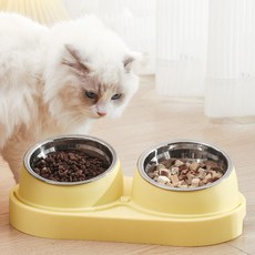 큐트스마트 반려동물 스테인리스 목 보호 사선형 식기 2구, 옐로, 1개