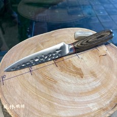 不銹鋼鍛打錘紋彩木柄廚刀七件組：主廚刀、切片刀、三德刀、小菜刀、切肉刀、消皮刀、剔骨刀, 削皮刀水果刀, 1個