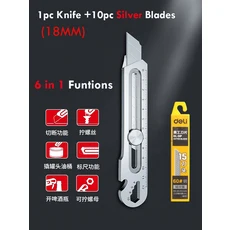 6In 1 다기능 스테인레스 스틸 커터 estilete profissional ferramenta 18MM/25MM 유틸리티 나이프 프리미, 06 1Knife 10Silver(18MM
