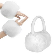 Chiclinco 여성용 인조 모피 손목 커프 및 귀마개 세트 푹신한 귀마개 및 손목 밴드 암 워머 겨울 액세서리 (화이트)