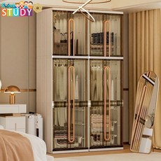 也雅收納家用簡易成人掛衣櫃臥室簡易衣櫥加大對開門輕奢箱收納, 1大雙開1小雙開+1掛衣1收納籃,長60-深55-高210