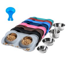 [2] 허벌크 흘림 방지 실리콘 매트 & 스테인리스 사료 그릇 세트, S, 회색