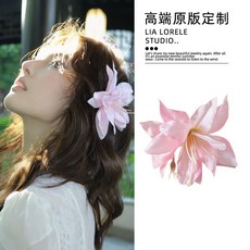LIA LORELE STUDIO 絹花髮飾 仿真百合花造型 國風寫真側邊飾品, 粉色花朵發夾 單個