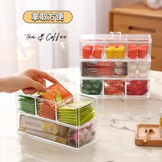 VISX 臺灣出貨 防塵帶蓋茶包收納盒 透明可疊加分隔盒 茶水間吧檯咖啡整理盒, 抽屜式茶包收納盒,帶蓋, 1個