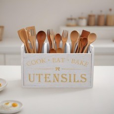 木製仿舊收納盒 廚房餐具筷勺整理盒 手提刀叉分類儲物盒 西餐廳適用, 做舊白金字, 1個