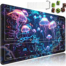 JVGFYNKL TCG 플레이매트용 61x35.6cm(24x14인치) 미끄럼 방지 고무 MTG 드로스트링 여행용 파우치 및 주사위 6개 매트용 매직 컬러 해파리 패턴 카, JV-Playmat-6K-1-F143