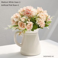 조화 튤립 + 도자기 저그화병 세트, 9. 양각꽃병+7갈래장미꽃다발-핑크