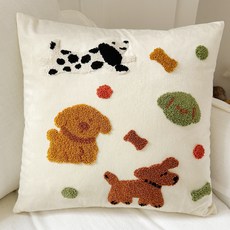 卡通動物造型抱枕套 客廳沙發靠枕 美式可愛風床頭靠墊 小狗靠背, 小狗趣集毛巾繡抱枕,45*45cm枕套【極速髮貨】