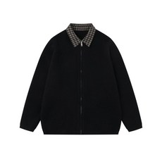 【美式街潮】翻領開衫 毛衣外套 針織開衫 男款外套 春秋外套 寬鬆毛衣 拉鍊設計 格子圖案 長袖休閒 春秋季穿搭