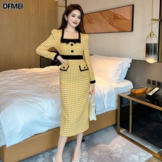 DFMEI 봄옷 홍콩풍 엘레강스 스퀘어넥 나이감소 리본 슬림 체크원피스 여50683