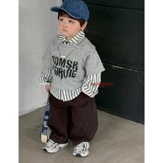 童趣小姐童裝灰色條紋襯衫三件套 韓系街頭風男童秋冬穿搭