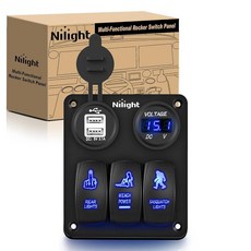 Nilight 6갱 로커 스위치 패널 레이저 에칭 알루미늄 패널 LED 라이트 바 스위치 패널 담배 라이터 및 듀얼 USB 충전기 및 전압계 포함 12V-24V 자동차 트레일러, 3 Gang USB+Voltmeter, 1개
